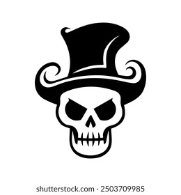 Skull in hat icon, scary Halloween logo, isolated on white background. Vector illustration, traditional Halloween decorative element. Tattoo design. Skull silhouette  - for scary design or decor.