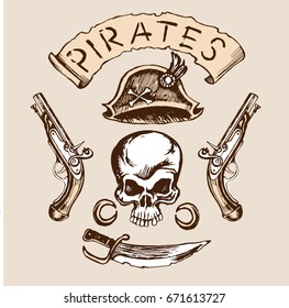 Skull hat knife muskets set color vector sketch with space for text.