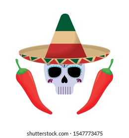 skull with hat mexican and chili pepper vector illustration design