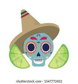 skull with hat mexican and lemons sliced vector illustration design