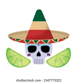 skull with hat mexican and lemons sliced vector illustration design