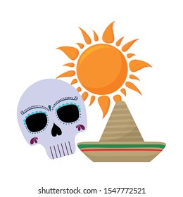 skull with hat mexican and sun vector illustration design