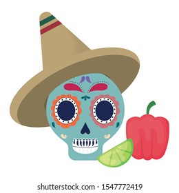 skull with hat mexican and vegetables vector illustration design