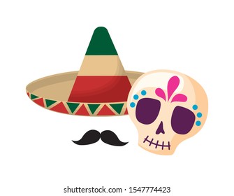 skull with hat and moustache mexican isolated icon vector illustration design