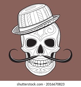 Skull in hat with moustache. Page of coloring book. Ornamental art. Vector illustration isolated on white background.