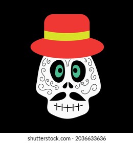 A skull with a hat and a mustache, decorated with ornaments for the celebration of the Day of the Dead and Halloween 