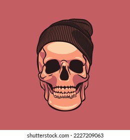 Skull with Hat on Red Background Isolated Vector Illustration