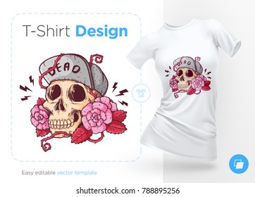 Skull in hat on roses. Prints on T-shirts, sweatshirts, cases for mobile phones, souvenirs. Isolated vector illustration on white background.