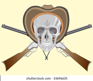 the skull a hat on and two guns