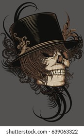 skull in hat with patterns and feathers