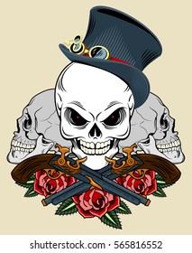 Skull in a hat with a pistol and a roses. Old school tattoo style