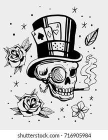 Skull in a hat with playing cards and roses. Old school tattoo style. Vector illustration