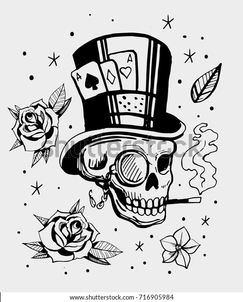 Skull Hat Playing Cards Roses Old Stock Vector (Royalty Free) 716905984