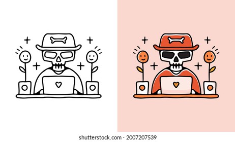 skull with hat playing laptop in retro style. illustration for t shirt, poster, logo, sticker, or apparel merchandise.