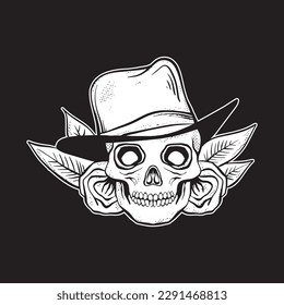 A skull with a hat and roses art Illustration hand drawn style black and white premium vector