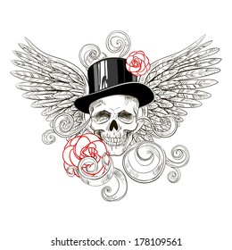 Skull in hat with roses on background wings