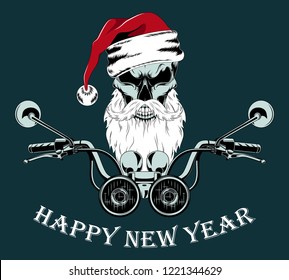 Skull in the hat of Santa Claus with a beard, mustache and steering a motorcycle.