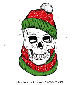 Skull in a hat and scarf. Vector illustration for greeting card or poster, print on clothes. New Year's and Christmas.