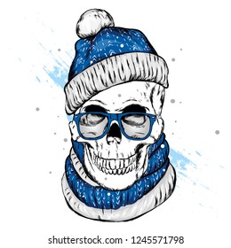 Skull in a hat and scarf. Vector illustration for greeting card or poster, print on clothes. New Year's and Christmas.