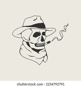 The skull in the hat smokes  Skull hand drawing illustration 