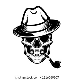 Skull with hat and smoking pipe. Design element for logo, label, emblem, sign. Vector illustration