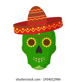 Skull in hat sombrero, vector mexican icon isolated on white background. Cartoon illustration