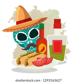 skull with hat and tacos to day of the dead celebration