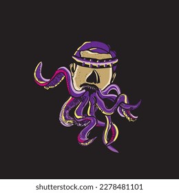 Skull in a hat  with tentacles of octopus and Vector illustration