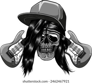 skull with hat and trendy hairstyle and crossed electric guitars in vintage monochrome style isolated vector illustration