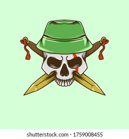 a skull with a hat and two knives illustration. can be use as gaming logo, poster, and print.