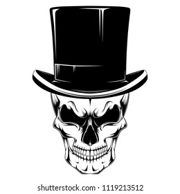 Skull in a hat-cylinder. Black and white vector image.