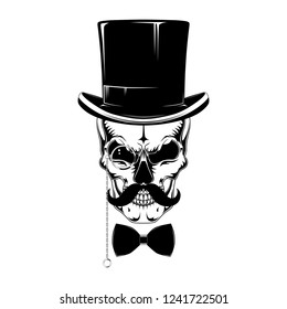 Skull in a hat-cylinder with a mustache, pince-nez, bow tie.