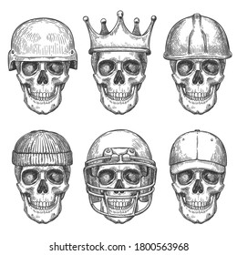 Skull in hats. Dead head characters with crown, baseball cap and helmets monochrome drawing art print for shirt design or tattoo vector set. Scary elements with different headdress isolated on white