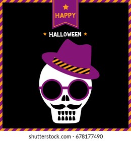 Skull having mustache put on sunglasses and hat on hipster style for Halloween party on black background.