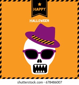 Skull having mustache put on sunglasses and hat on hipster style for Halloween party on orange background