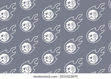 skull head with 8 ball snooker, fire silhouette seamless pattern on grey background. grim skull with ball pool, flame object illustration pattern background for billiard decoration and merchandise 