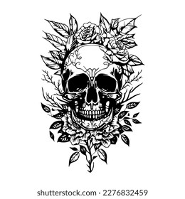 A skull head adorned with intricate flowers and leaves, depicted in a detailed black and white line art hand drawn illustration