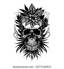 A skull head adorned with intricate flowers and leaves, depicted in a detailed black and white line art hand drawn illustration