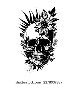 A skull head adorned with intricate flowers and leaves, depicted in a detailed black and white line art hand drawn illustration