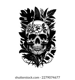 A skull head adorned with intricate flowers and leaves, depicted in a detailed black and white line art hand drawn illustration