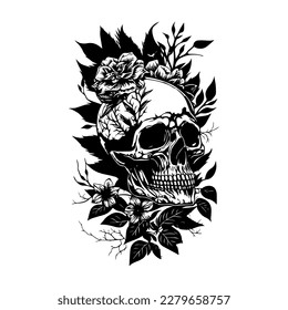A skull head adorned with intricate flowers and leaves, depicted in a detailed black and white line art hand drawn illustration