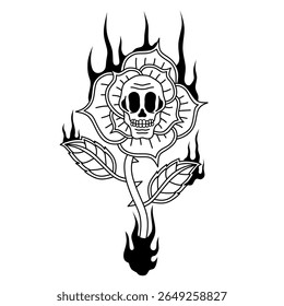 skull head among blooming and burning roses.classic hand drawn tattoo illustration