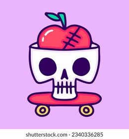 Skull head with apple inside riding skateboard, illustration for t-shirt, sticker, or apparel merchandise. With doodle, retro, and cartoon style.