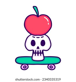 Skull head, apple, and skateboard, illustration for t-shirt, sticker, or apparel merchandise. With doodle, retro, and cartoon style.