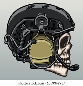 Skull head with army helmet. Premium vector