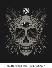Skull head with arrow hand drawn illustration vector design