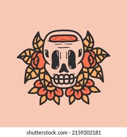 
skull head art work illustration design with beautiful roses and leaves ornaments .nice design for printing