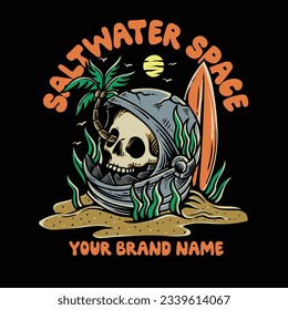 skull head with astronaut helmet, surfing board, and palm tree, skull summer illustration, illustration for apparel