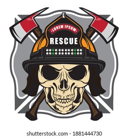 Skull Head With Axe And Fire Fighter Helmet, Good For Fire Fighter Team Logo, Tshirt And Badge Design