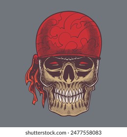 skull head with bandana hand drawn doodle vintage drawing in colorful style. Pirates equipment concept vector illustration.